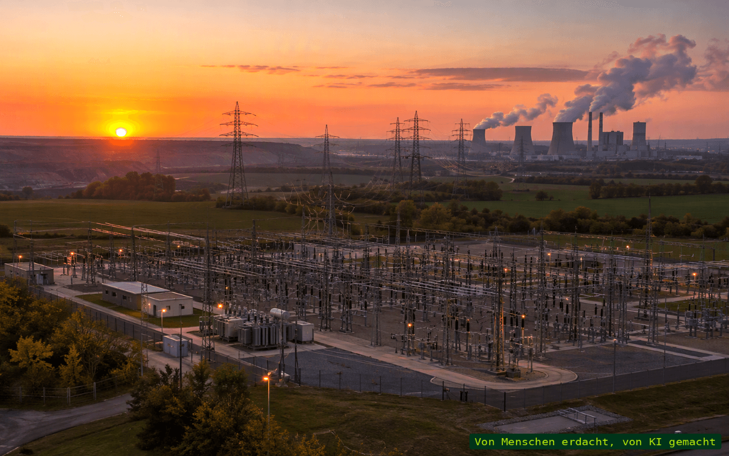 KI-generiertes Symbolbild Umspannwerk vor Braunkohlemeiler im Sonnenuntergang_mit KI-Hinweis_1432x896.png